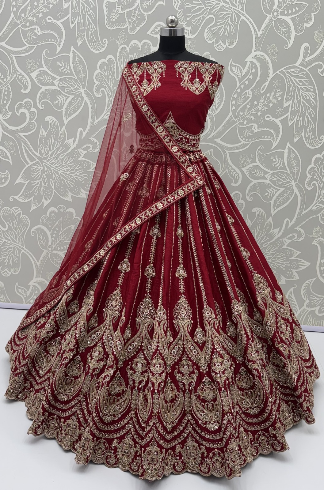Maroon Silk Bridal Embroidered using Beads, Moti, Cotton Multi-Thread Handwork Semi-Stitched Lehenga Choli